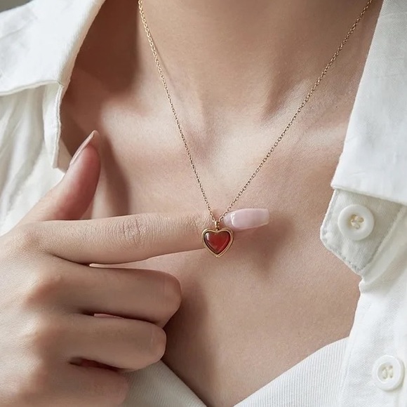 ◾️18k Gold Plated Red Agate Stone Heart Pendant Clavicle Necklace Chain - Picture 4 of 12